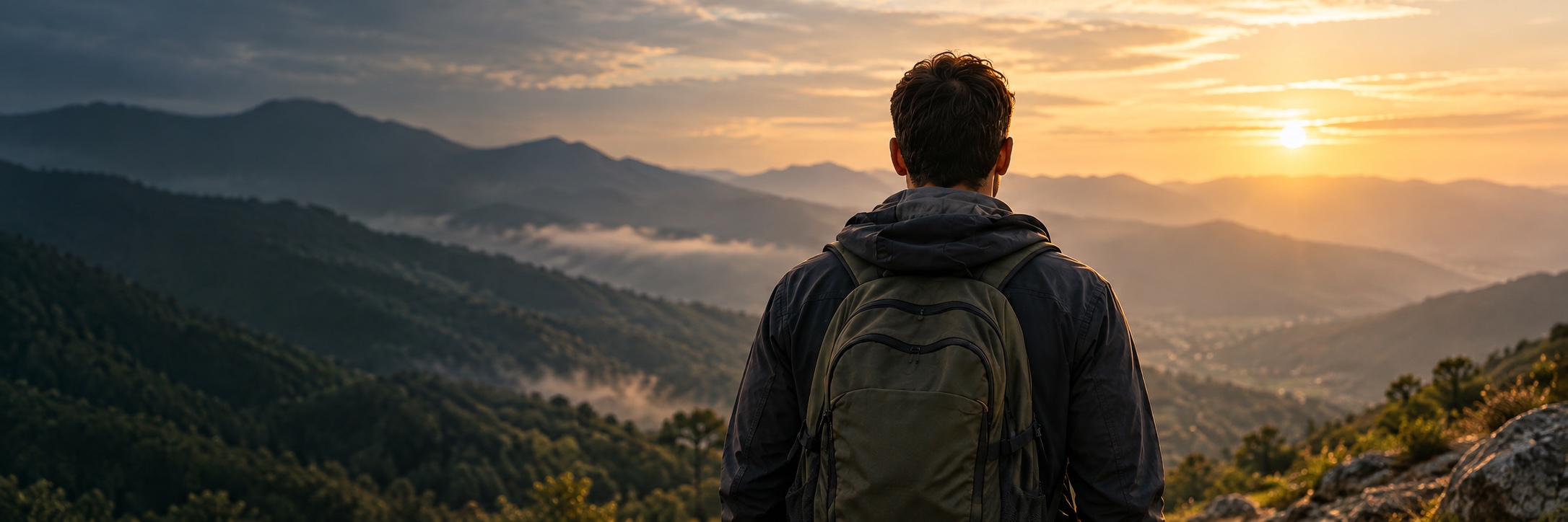 A hiker looking out across a mountain valley